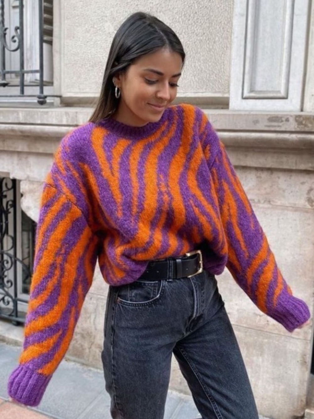 Zara Jacquard Knit Animal Print Sweater Size Small Purple Orange